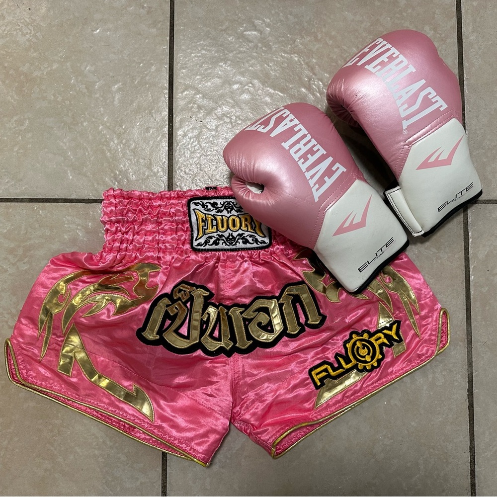 Floury Pink Boxer Satin Shorts Size S & Pink Boxing Gloves Very Good Condition.